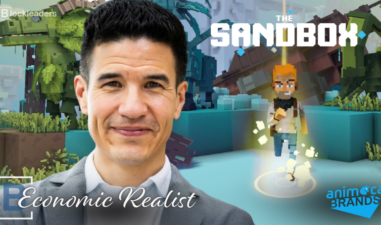 Robby Yung, CEO of Animoca Brands, against a The Sandbox gameplay scene