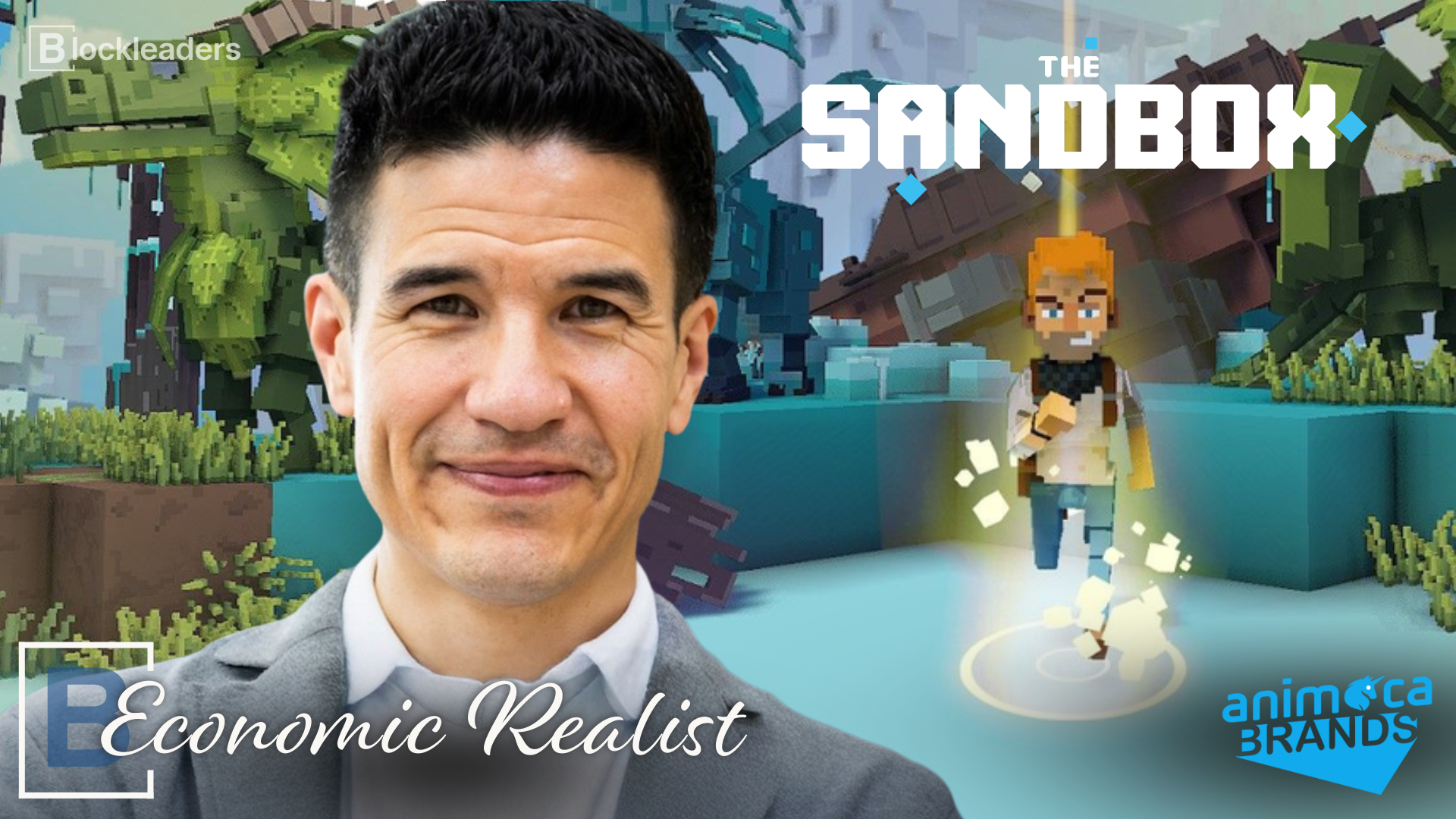 Robby Yung, CEO of Animoca Brands, against a The Sandbox gameplay scene