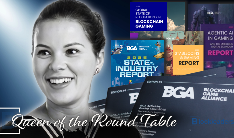 Yasmina Kazitani, President of the Blockchain Game Alliance, with BGA report covers behind her — Queen of the Round Table profile cover.