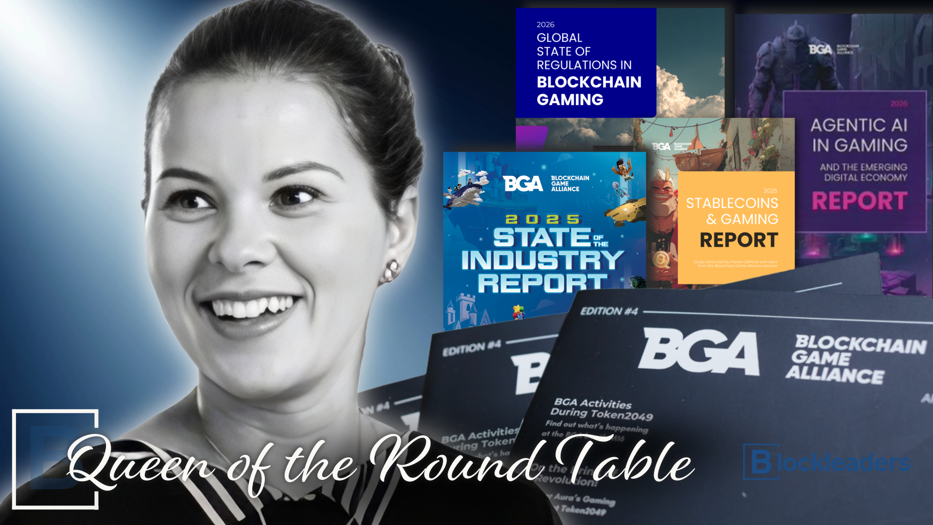 Yasmina Kazitani, President of the Blockchain Game Alliance, with BGA report covers behind her — Queen of the Round Table profile cover.