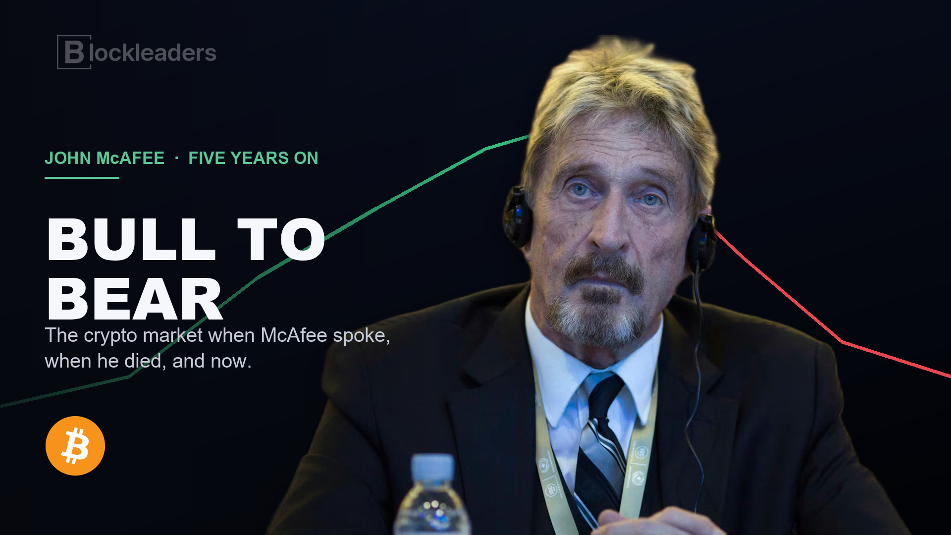 John McAfee against a rising-then-falling crypto market chart, Bull to Bear