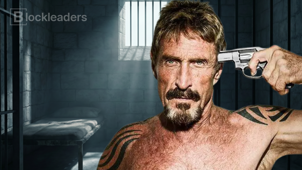 John McAfee holding a revolver to his head in a prison cell