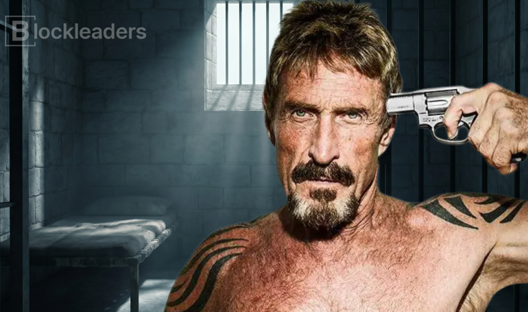John McAfee holding a revolver to his head in a prison cell