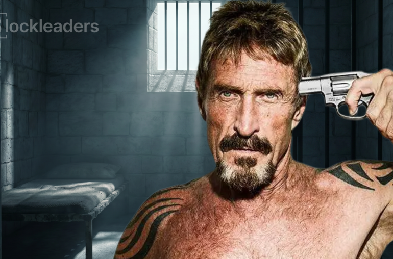 John McAfee holding a revolver to his head in a prison cell