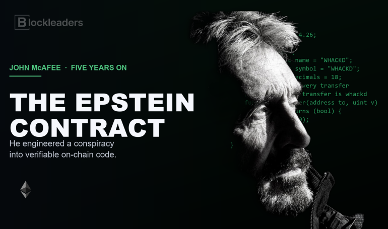 John McAfee beside the verified Epstein smart-contract source code