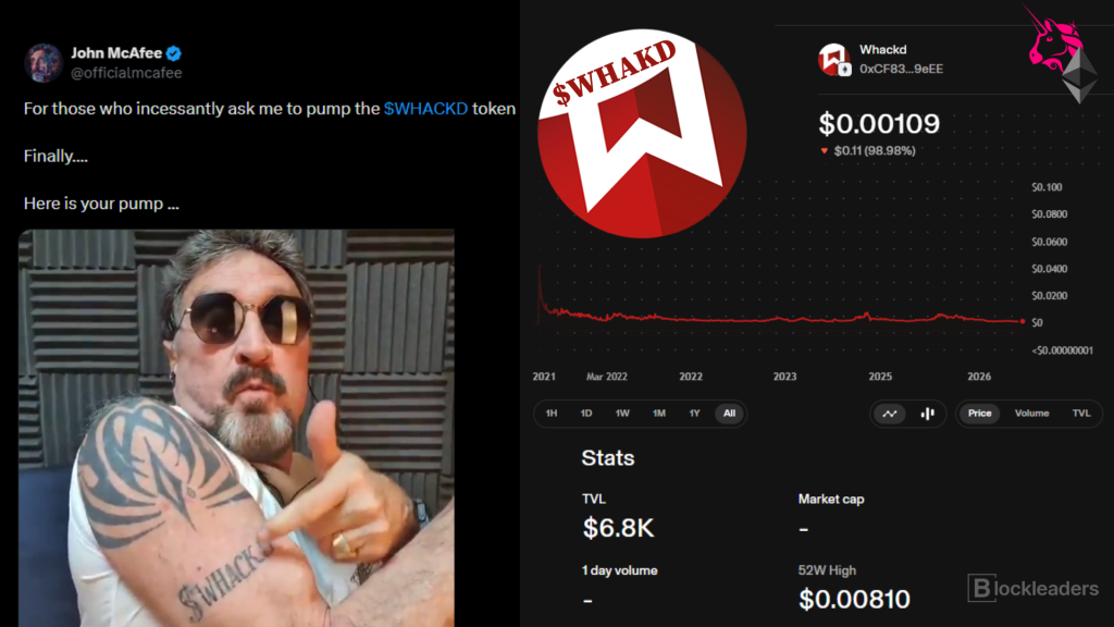 John McAfee's $WHACKD tweet beside the token's price chart, down about 99 percent