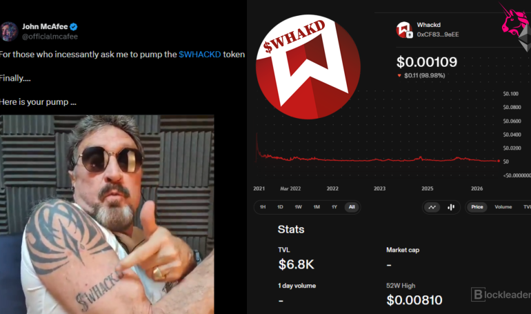 John McAfee's $WHACKD tweet beside the token's price chart, down about 99 percent