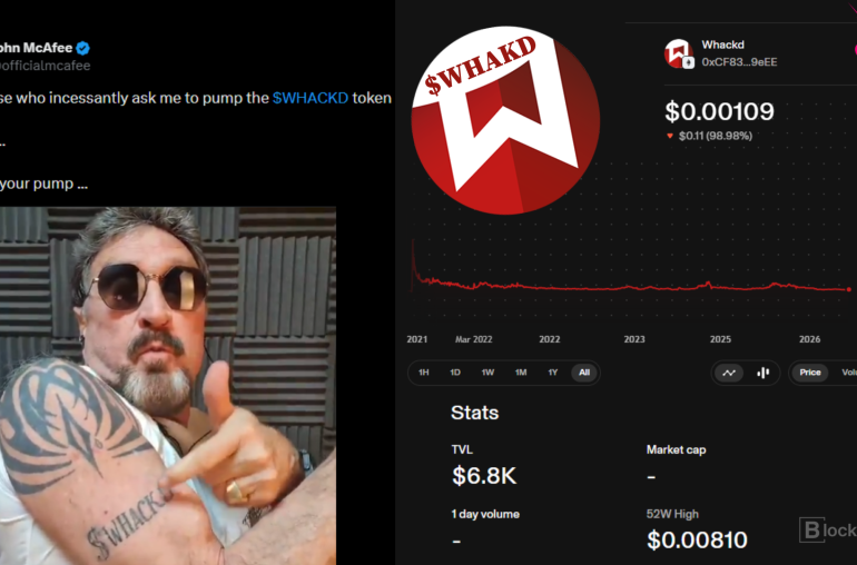 John McAfee's $WHACKD tweet beside the token's price chart, down about 99 percent