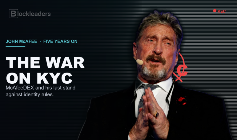 John McAfee with a CCTV and no-KYC motif, the war on KYC