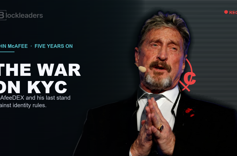 John McAfee with a CCTV and no-KYC motif, the war on KYC